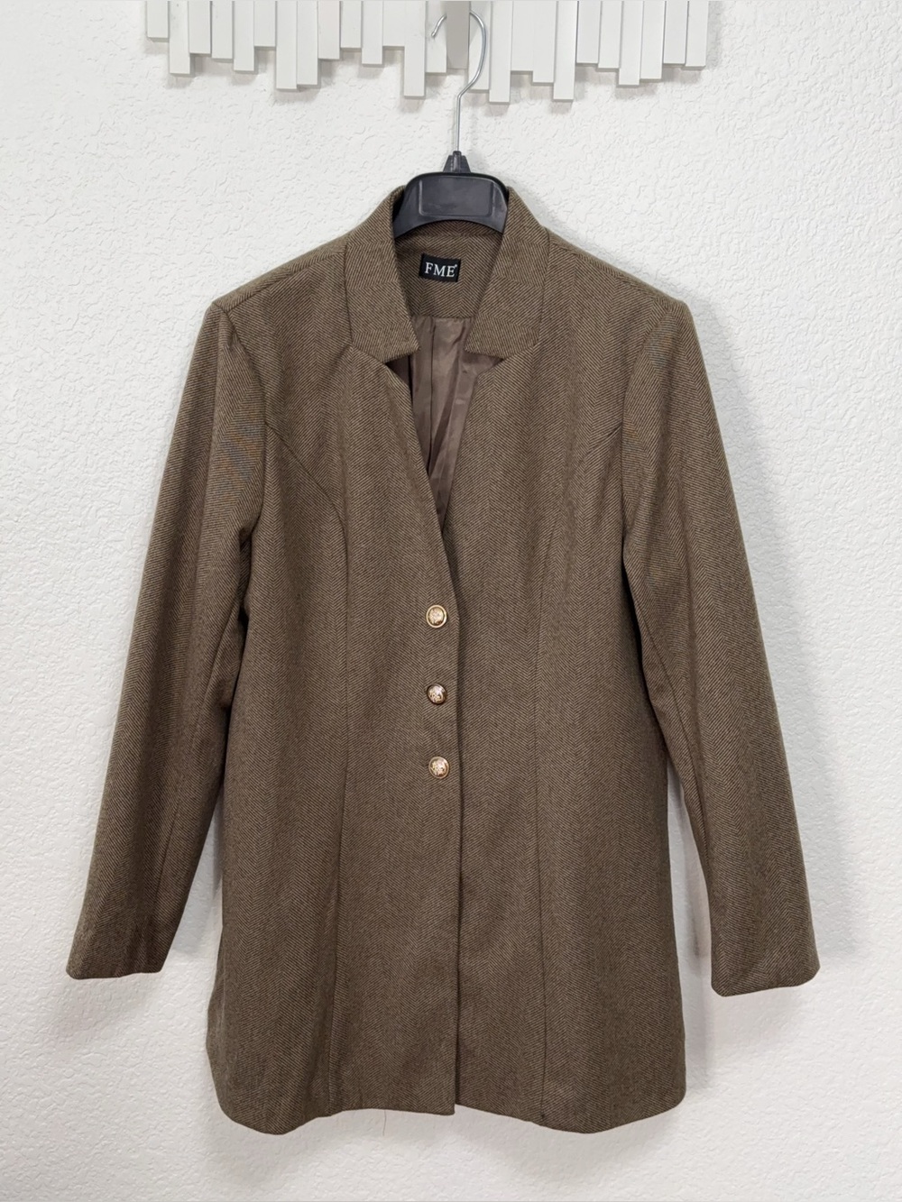 FME Brown Longline Blazer Gold Button Tailored Jacket Minimalist Quiet Luxury